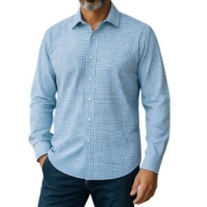 MICHAEL Michael Kors Mens Blue Micro Plaid Dress Shirt Non Iron Long Sleeve 16.5